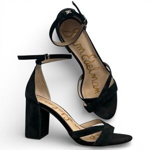 Sam Edelman Women 10 Omar Black Suede Block Heel Ankle Strap Sandals Chic Preppy